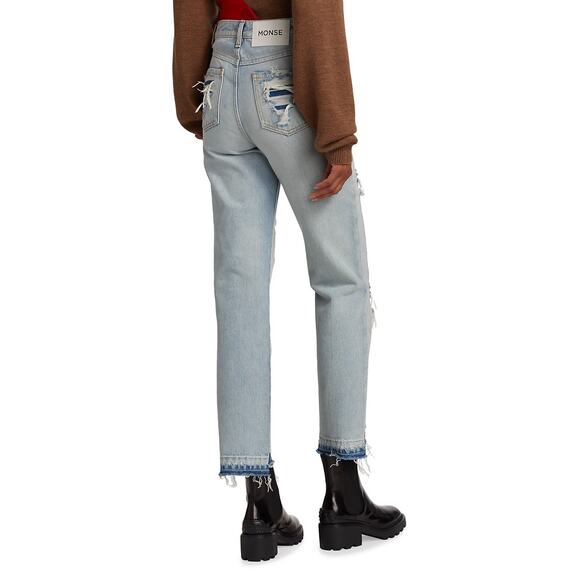 Monse Light Wash Distressed Patchwork High Rise Straight-Leg Jeans` - Picture 6 of 14